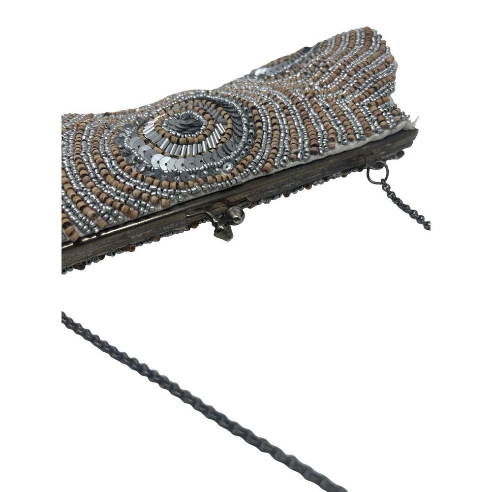 y2K White House Black Market Silver & Wood Beaded Party Clutch Purse Chain Strap - Picture 8 of 9